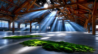 Sunlight Beams Streaming Into Abandoned Industrial Warehouse Interior
