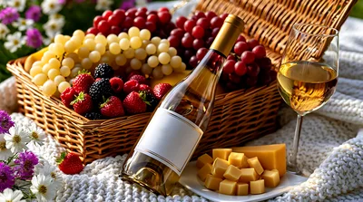 Picnic Basket With Wine Cheese And Fresh Fruit