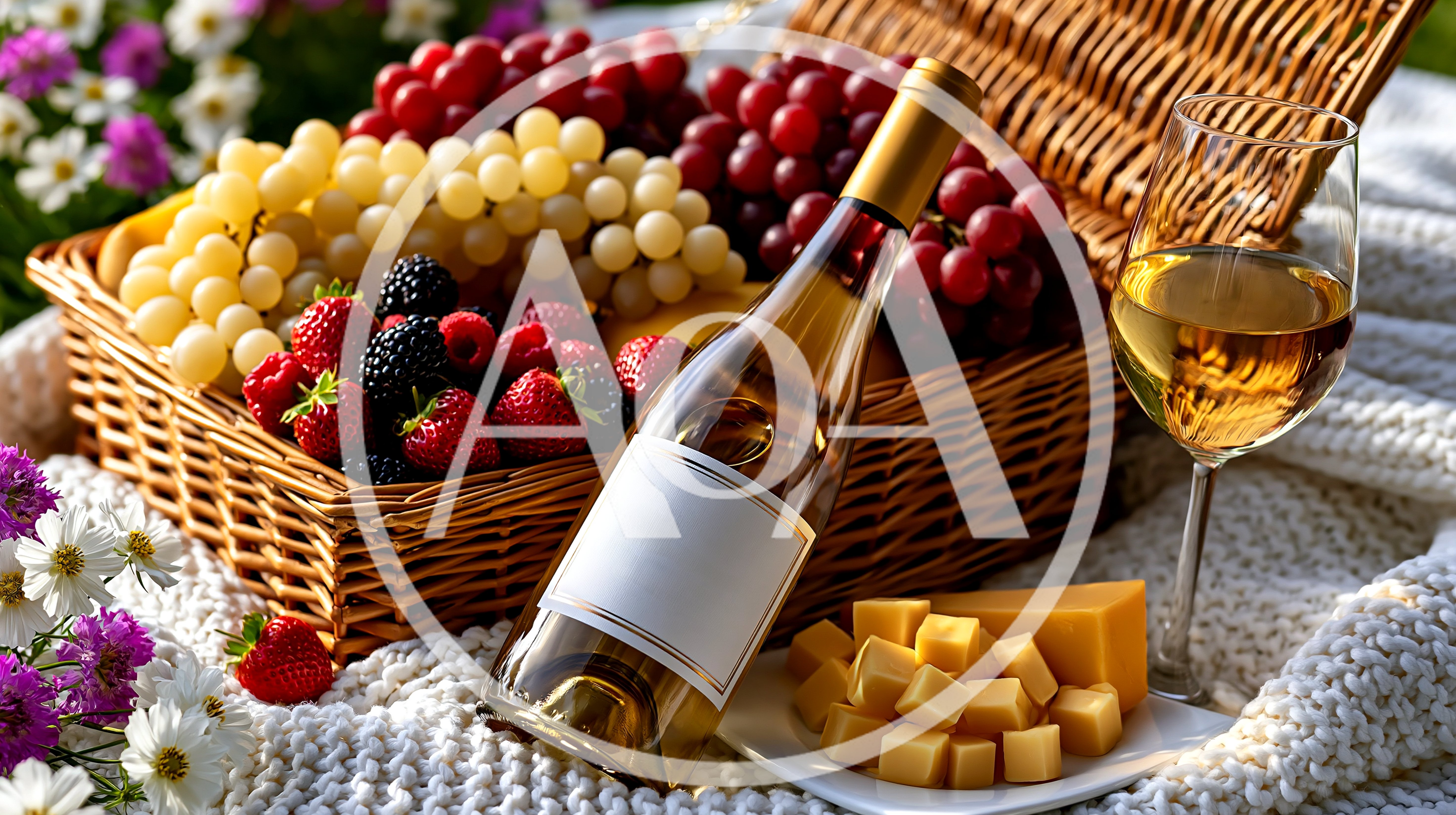 Picnic Basket With Wine Cheese And Fresh Fruit