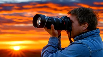 Photographer Capturing Sunset Landscape With Professional Camera