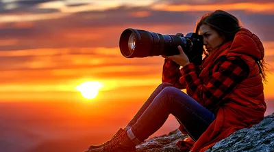 Female Photographer Capturing Sunset From Mountain Peak
