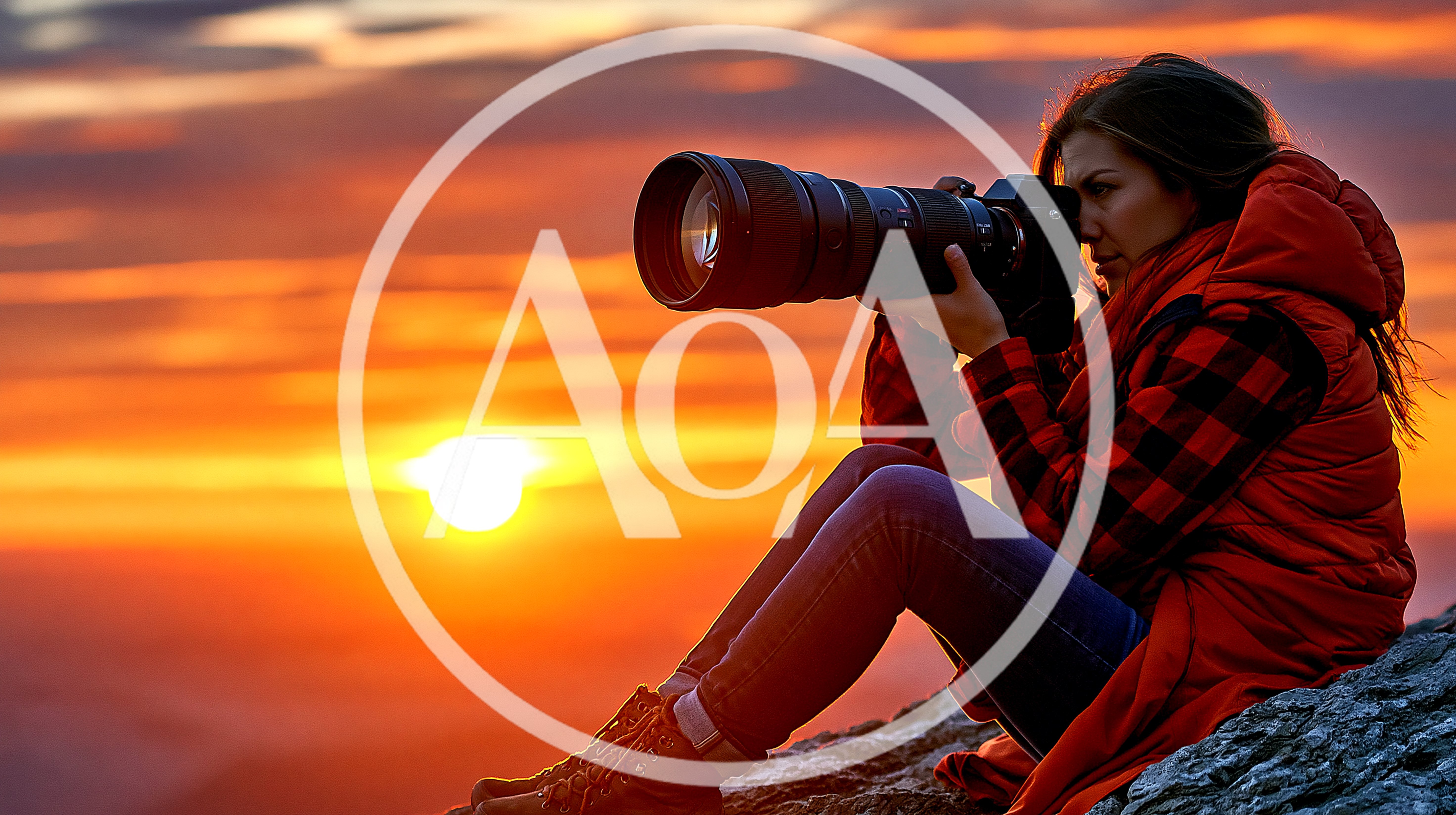 Female Photographer Capturing Sunset From Mountain Peak