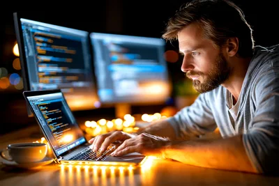 Software Developer Coding On Laptop At Night
