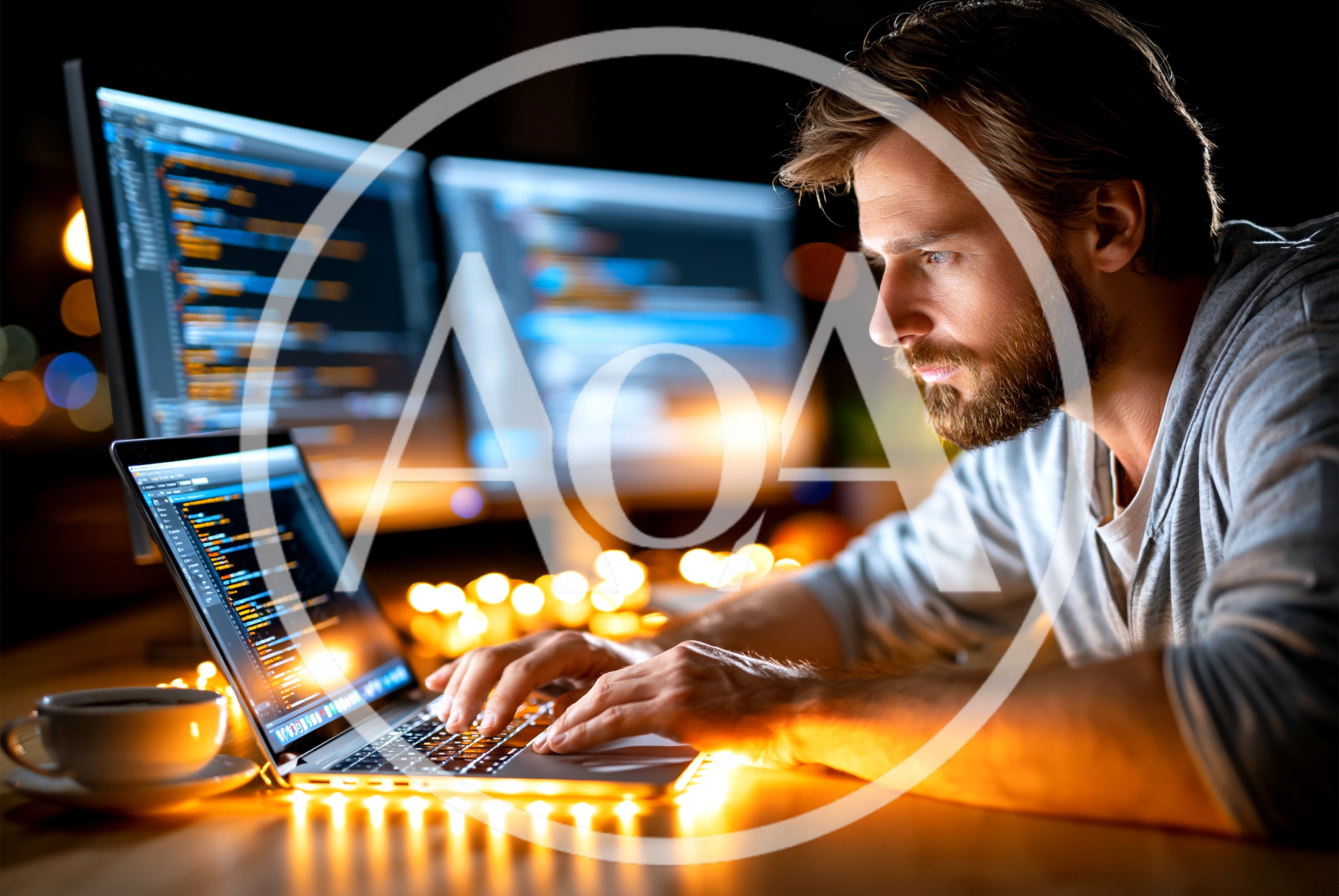 Software Developer Coding On Laptop At Night