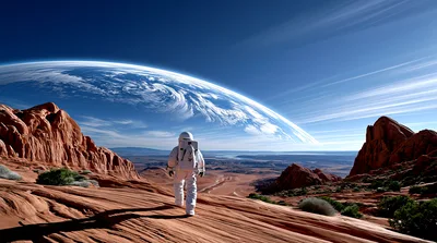 Astronaut Walking Across A Red Desert Planet Landscape