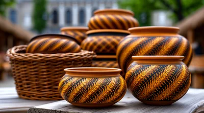 Handcrafted Decorative Pottery Bowls In Wicker Basket