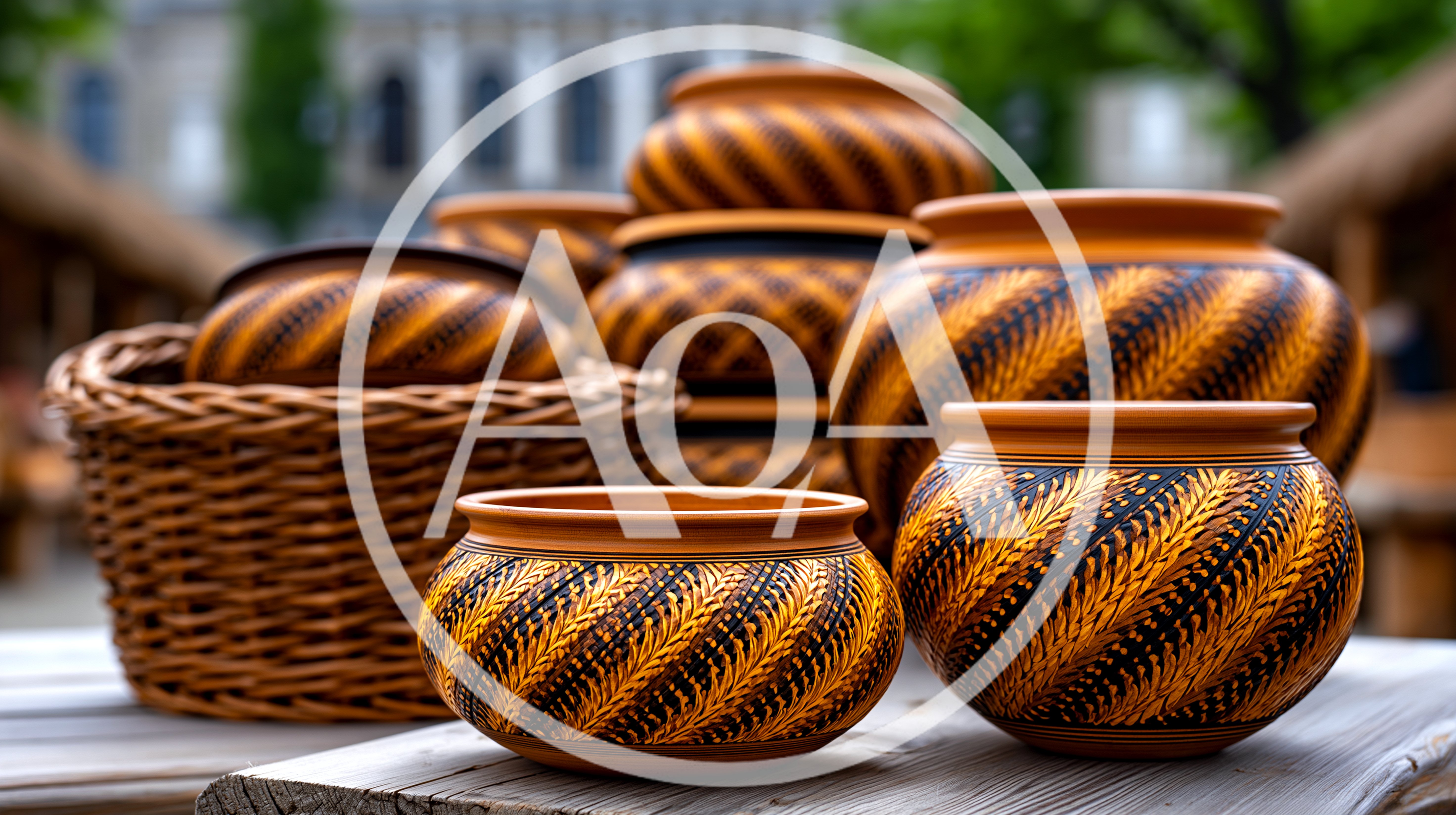 Handcrafted Decorative Pottery Bowls In Wicker Basket