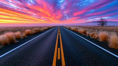 Empty Asphalt Road Leading Toward A Vibrant Sunset