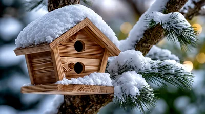 Wooden Birdhouse Covered In Fresh Winter Snow