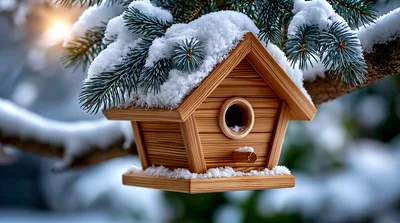 Wooden Birdhouse Hanging On Snowy Pine Branch