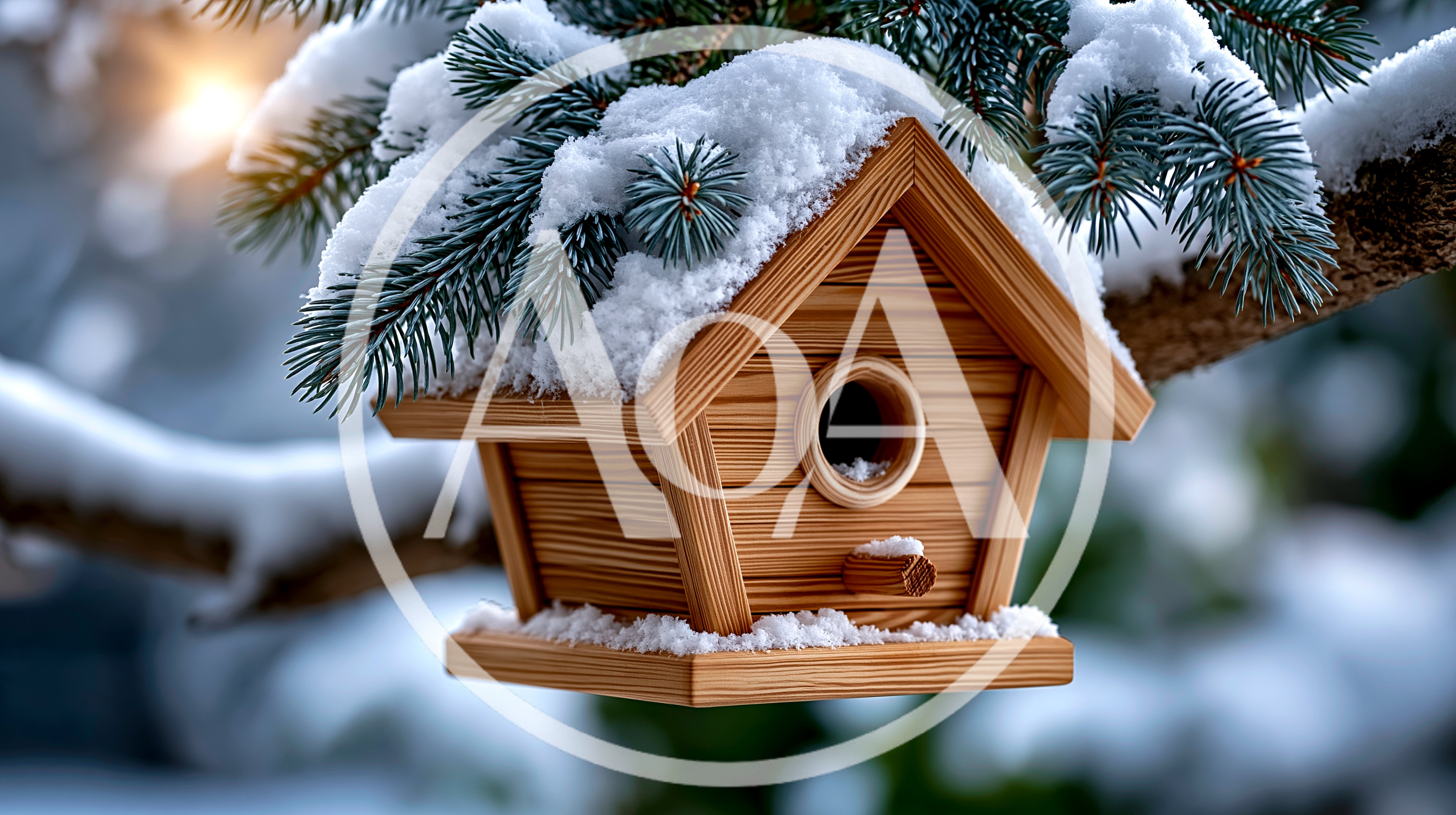 Wooden Birdhouse Hanging On Snowy Pine Branch