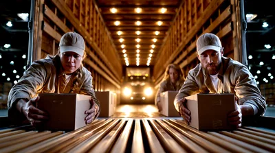 Warehouse Workers Loading Cardboard Boxes Into Truck