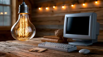 Vintage Light Bulb Hanging Over Retro Computer Desk