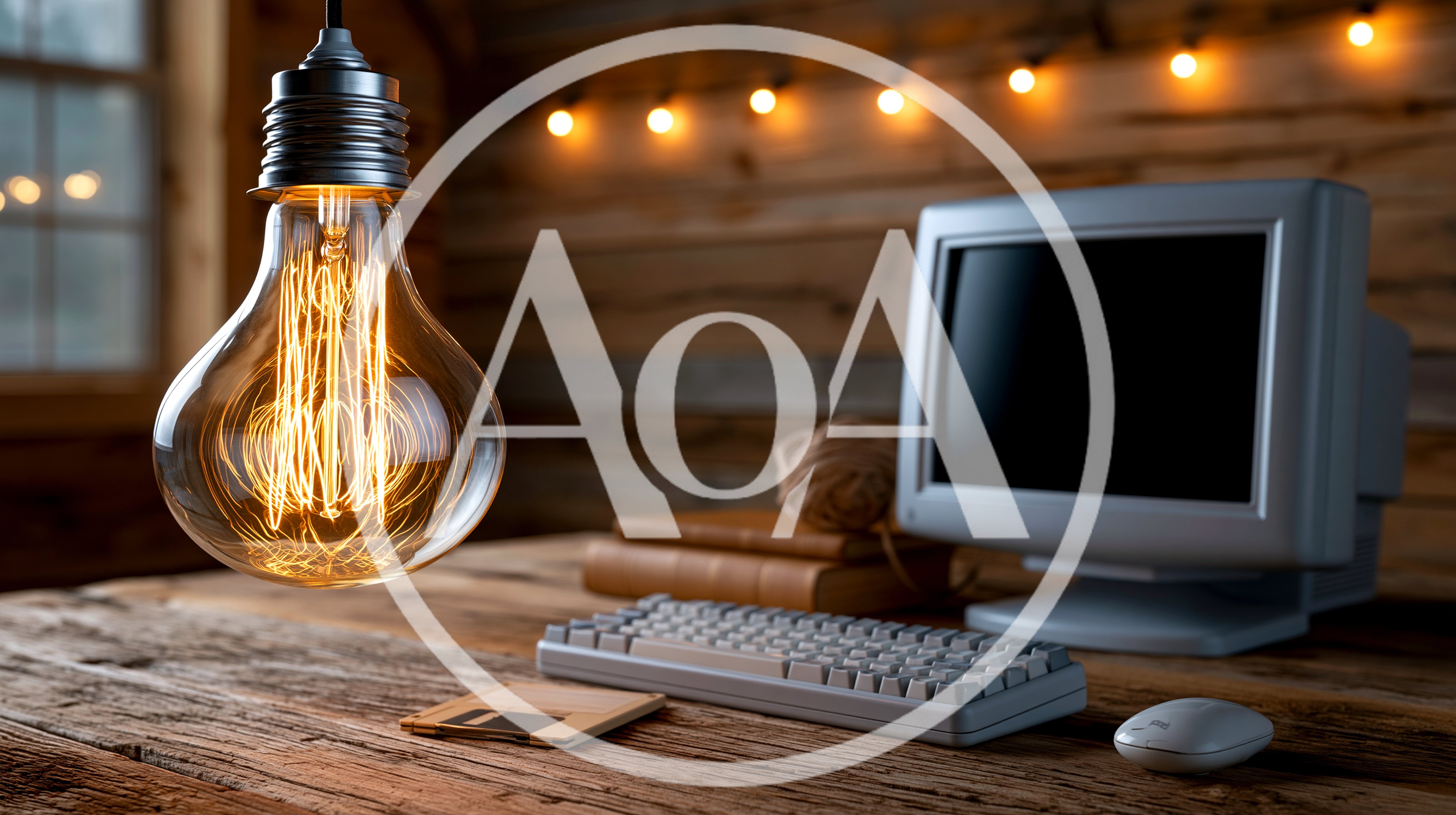 Vintage Light Bulb Hanging Over Retro Computer Desk