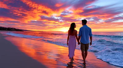 Couple Walking Hand In Hand On Beach At Sunset