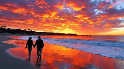 Couple Walking Hand In Hand On Beach At Sunset