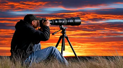 Photographer Using Telephoto Lens During Vibrant Sunset