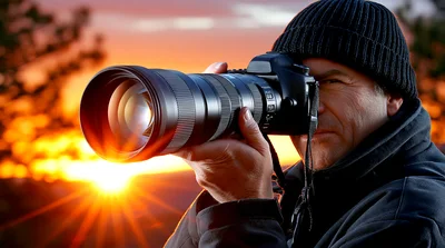Professional Photographer Capturing Sunset With Telephoto Lens