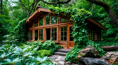Wooden Cabin Nestled in Lush Green Forest