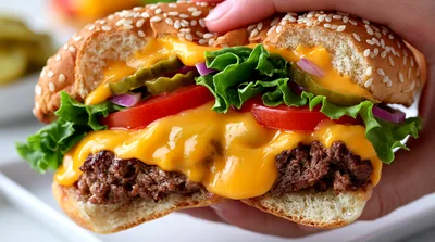 Hand Holding A Delicious Cheeseburger With Fresh Toppings