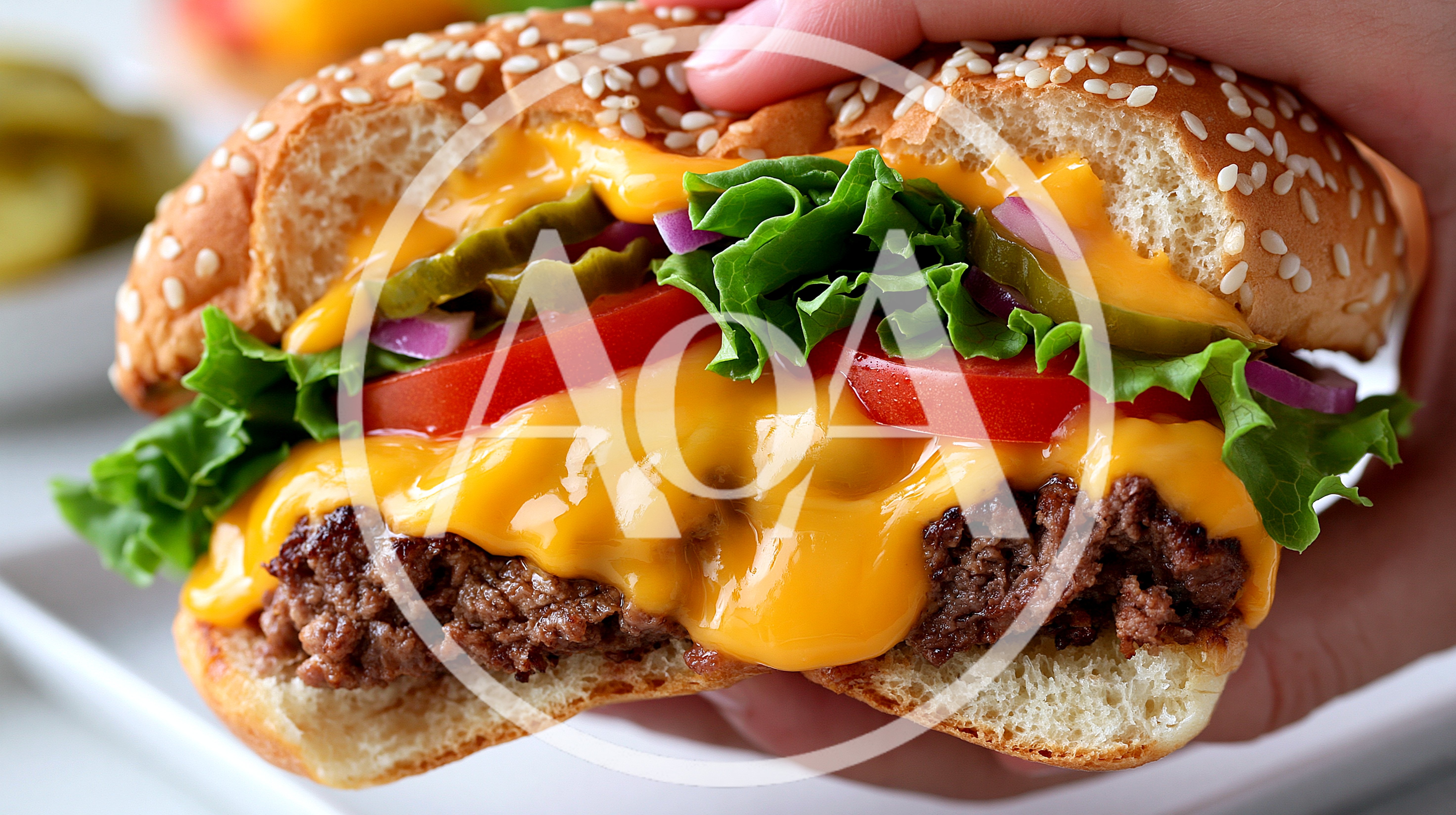 Hand Holding A Delicious Cheeseburger With Fresh Toppings