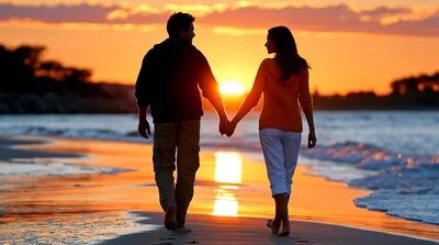 Couple Holding Hands Walking Along Beach At Sunset