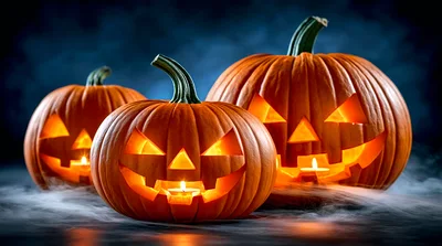 Three Glowing Jack O Lanterns On A Foggy Surface