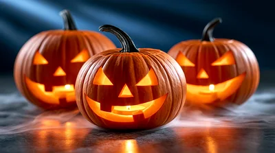 Three Glowing Jack O Lanterns On A Foggy Surface