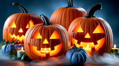 Glowing Jack O Lanterns With Blue Pumpkins