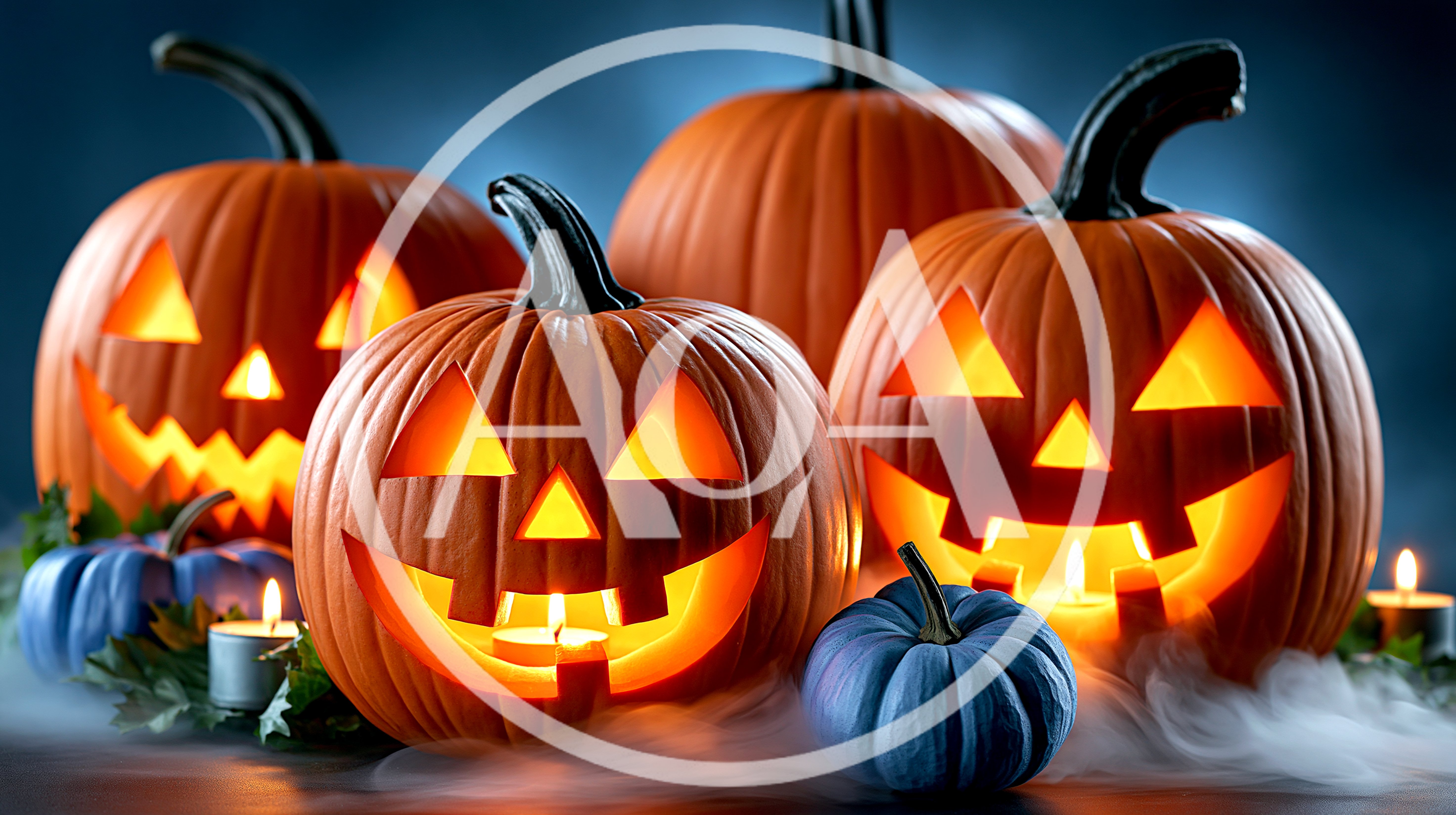 Glowing Jack O Lanterns With Blue Pumpkins
