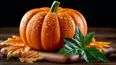 Fresh Orange Pumpkin With Water Droplets On Wooden Board