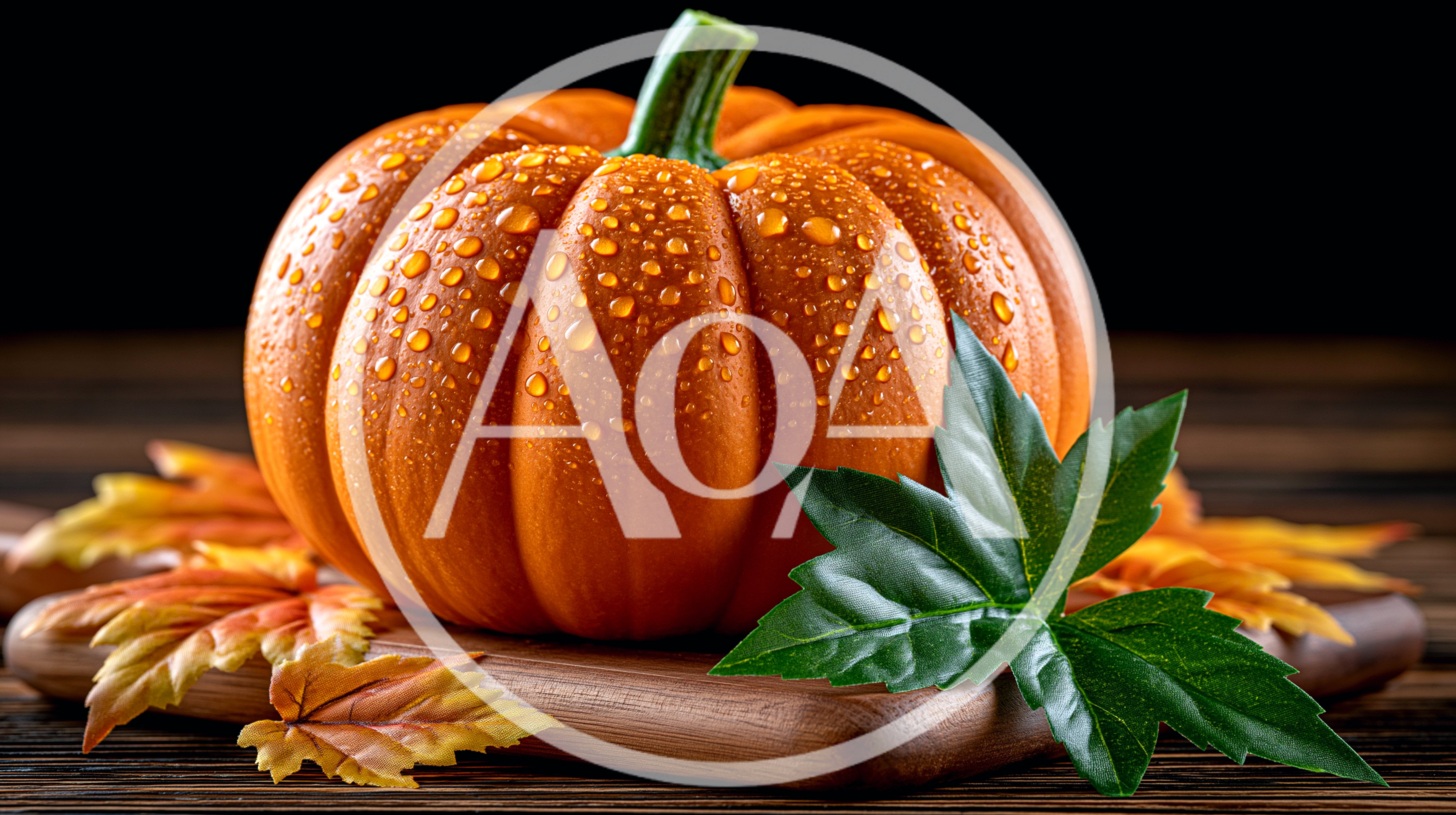 Fresh Orange Pumpkin With Water Droplets On Wooden Board