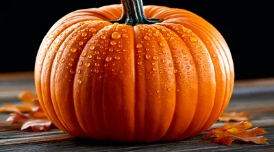 Orange Pumpkin With Water Droplets On Wooden Surface