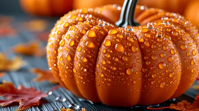 Orange Pumpkin With Water Droplets On Dark Wood