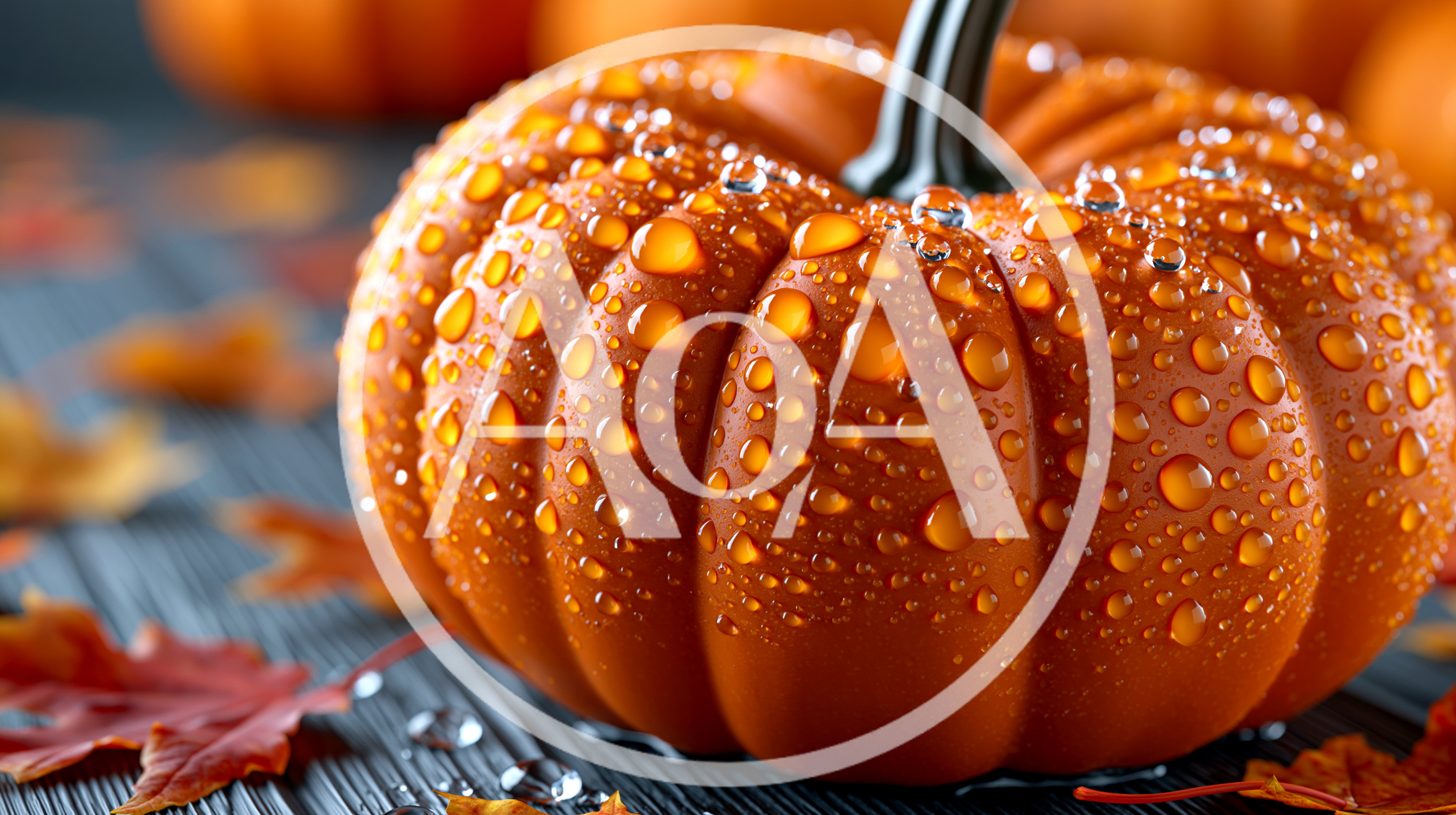 Orange Pumpkin With Water Droplets On Dark Wood