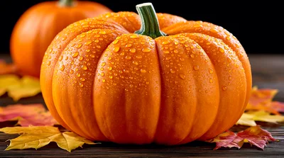 Fresh Orange Pumpkin With Water Droplets On Wooden Table