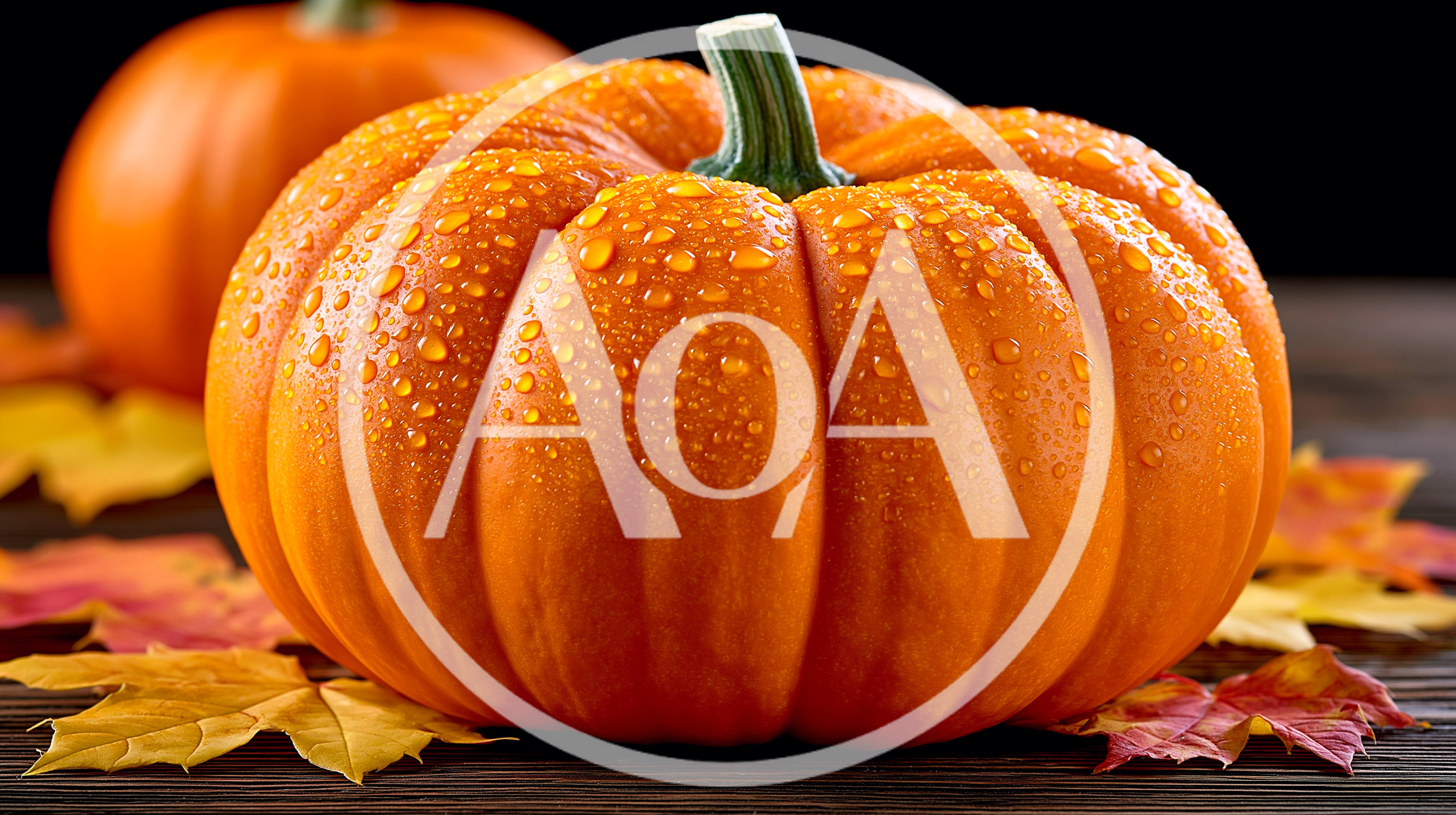 Fresh Orange Pumpkin With Water Droplets On Wooden Table