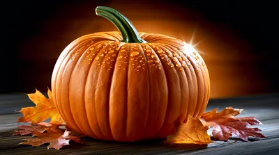 Orange Pumpkin With Water Droplets On Wooden Surface