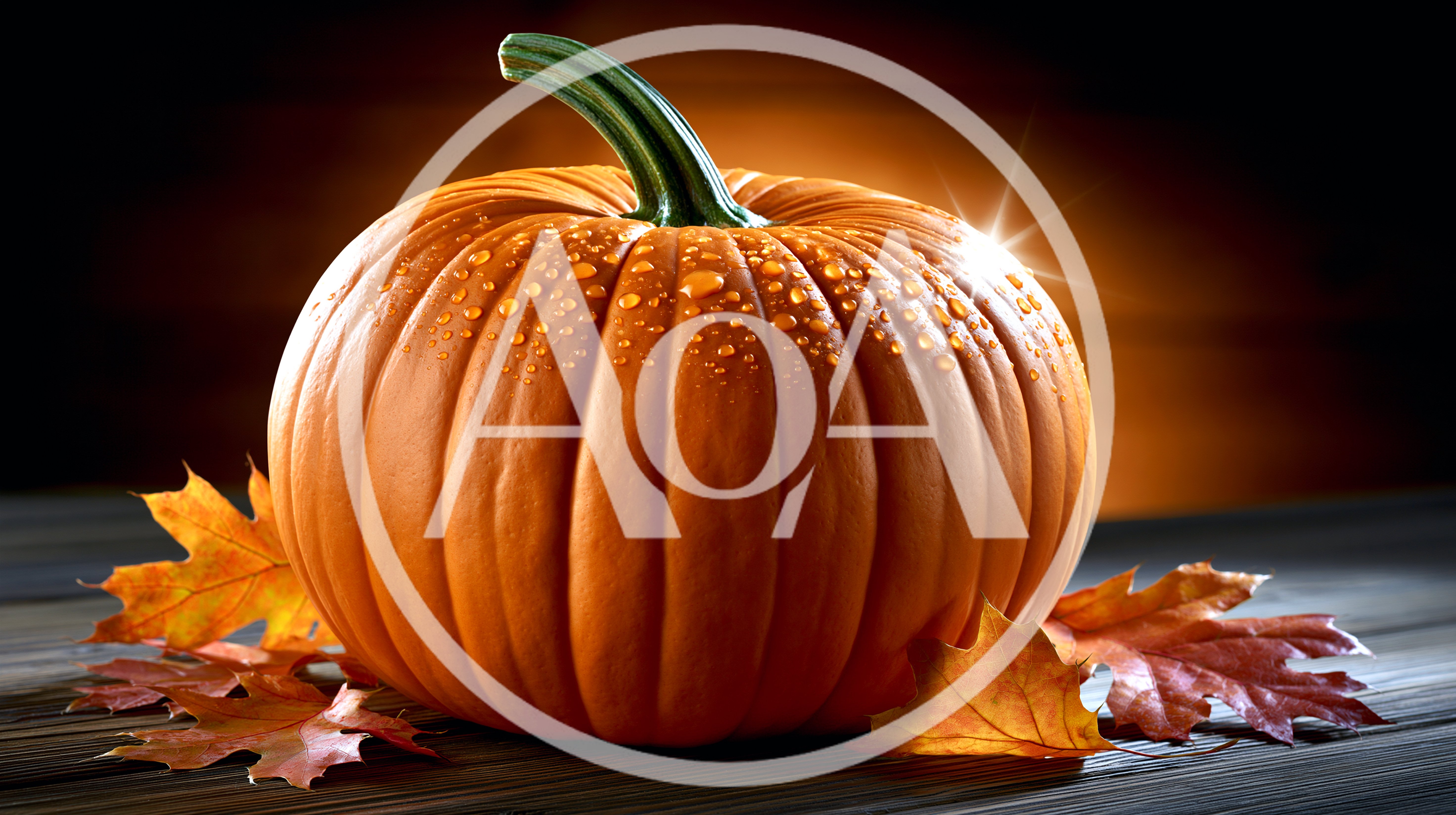 Orange Pumpkin With Water Droplets On Wooden Surface