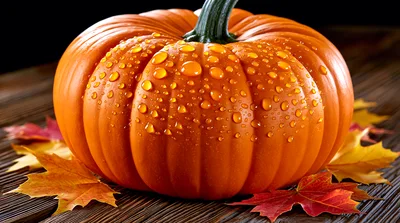 Fresh Orange Pumpkin With Water Droplets On Wooden Table