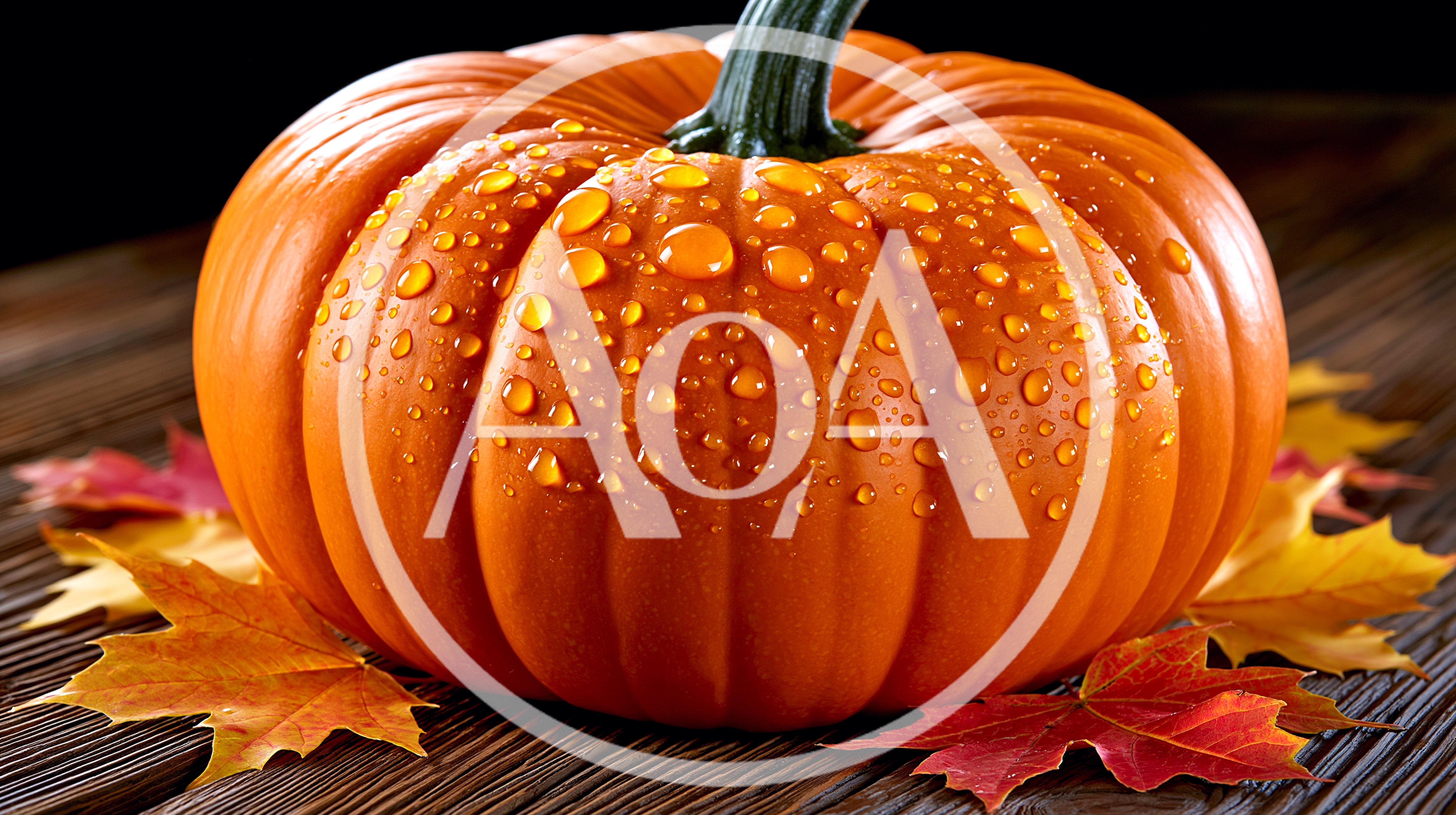 Fresh Orange Pumpkin With Water Droplets On Wooden Table