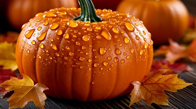 Wet Pumpkin With Water Droplets On Autumn Leaves