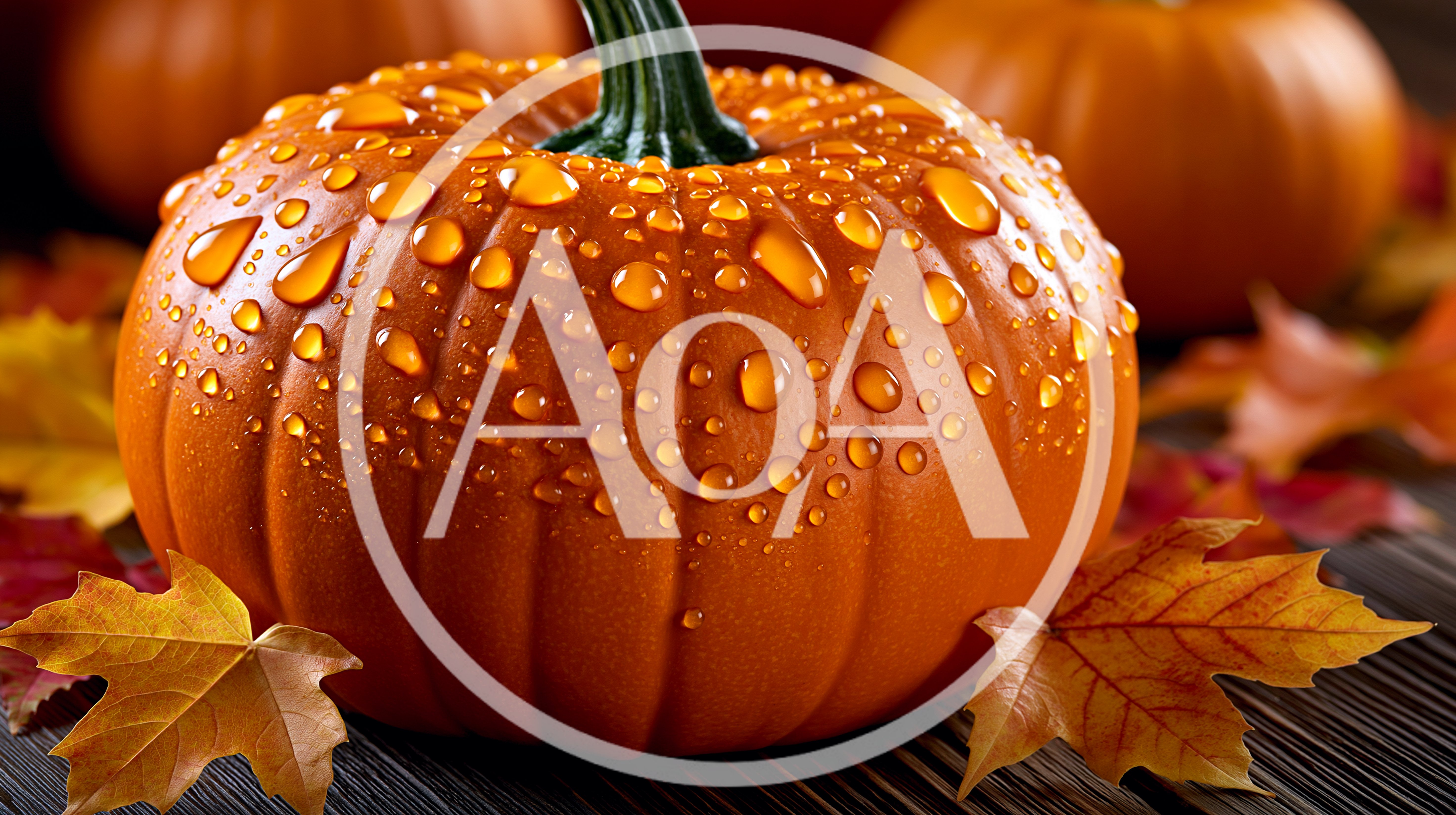 Wet Pumpkin With Water Droplets On Autumn Leaves