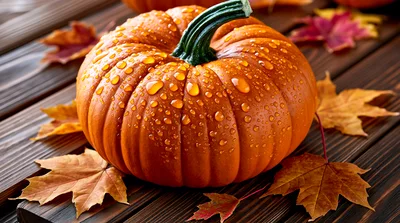 Wet Pumpkin With Autumn Leaves On Wooden Surface