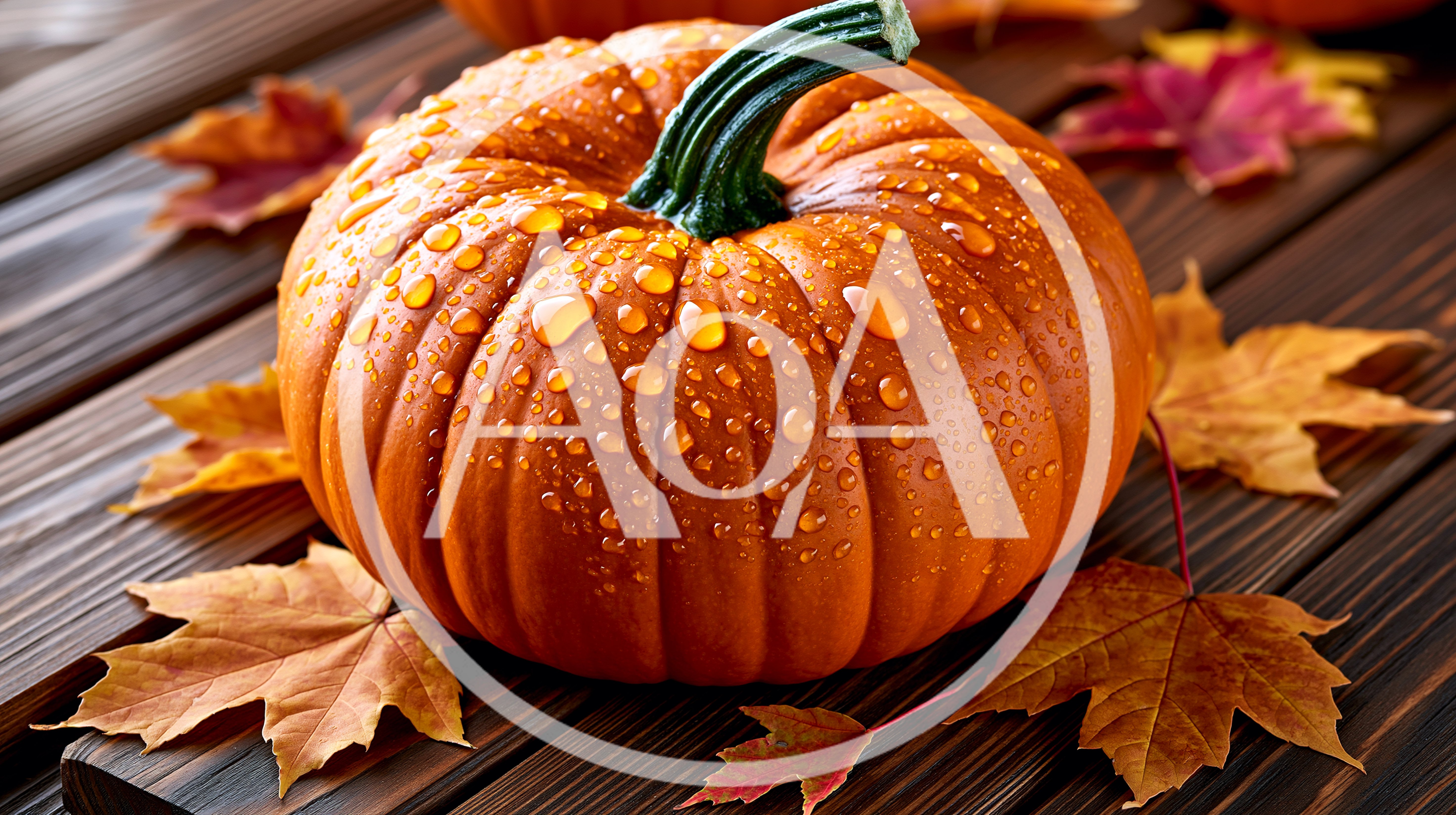 Wet Pumpkin With Autumn Leaves On Wooden Surface