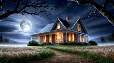 Haunted House Under Full Moon At Night