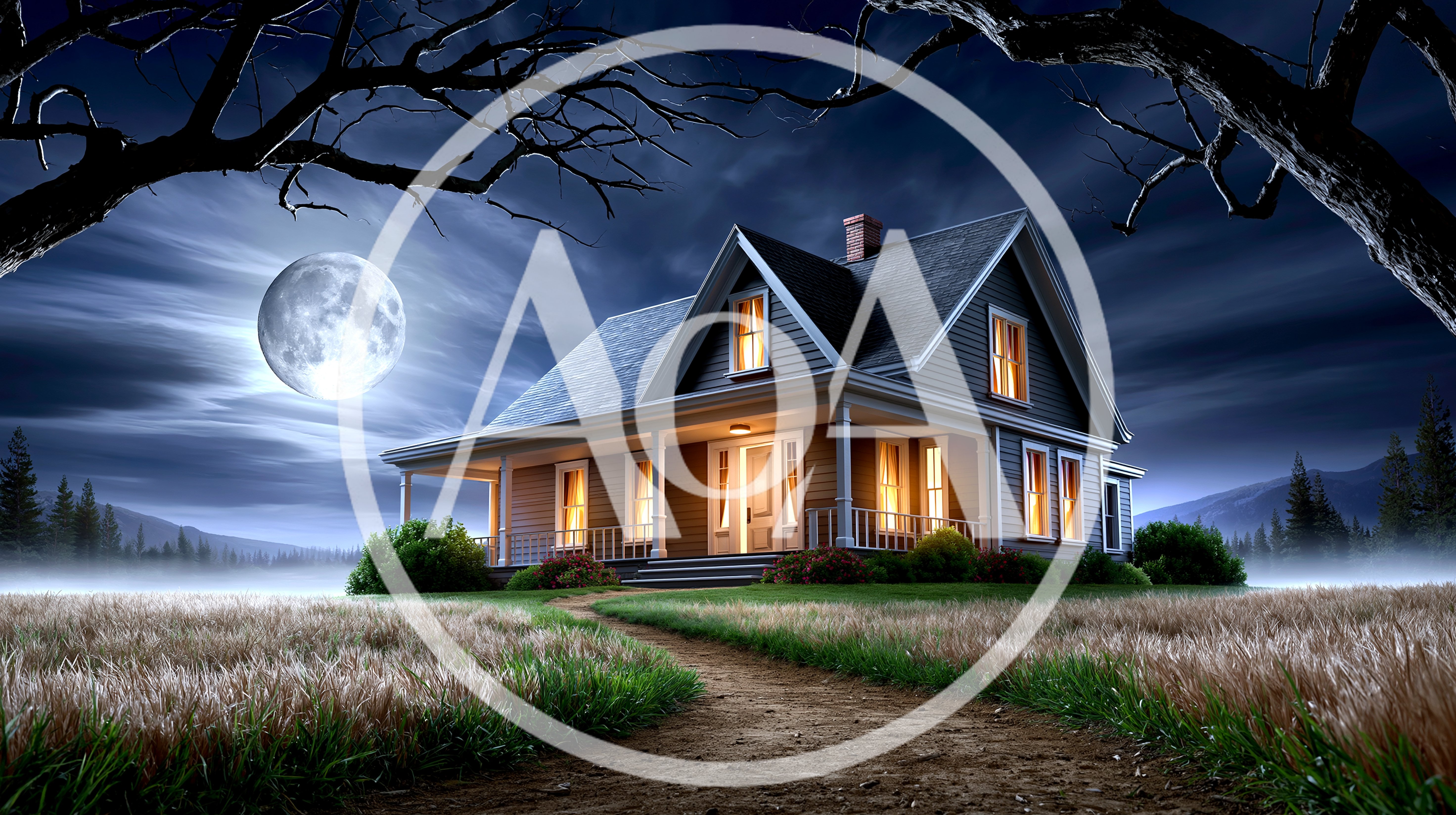 Haunted House Under Full Moon At Night