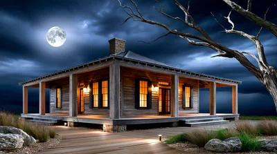 Rustic Wooden Cabin Under Full Moon Night Sky