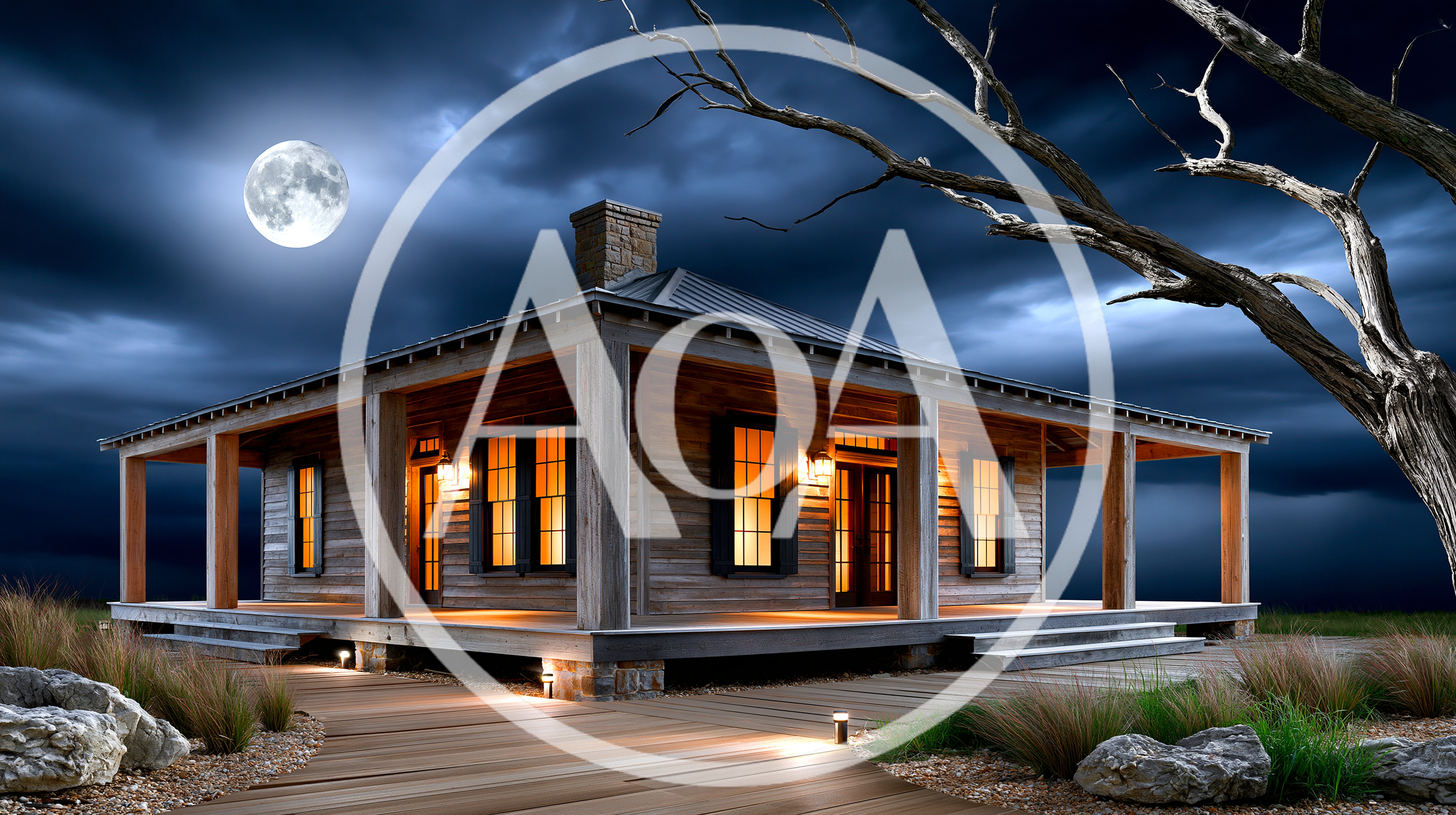 Rustic Wooden Cabin Under Full Moon Night Sky
