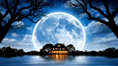 Large Full Moon Over A Lakeside House At Night